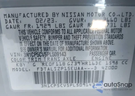 2023 Nissan Kicks Sv Xtronic Cvt z USA, uszkodzony, nr VIN 3N1CP5CV5PL509143